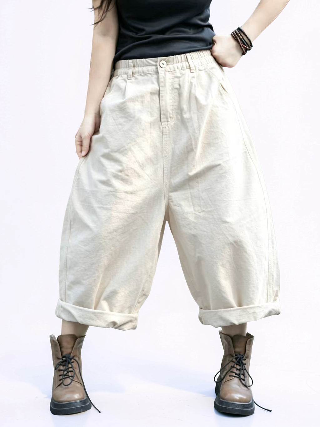 Vintage Cotton Harem Pants – Relaxed Cropped Pants with Elastic Waist
