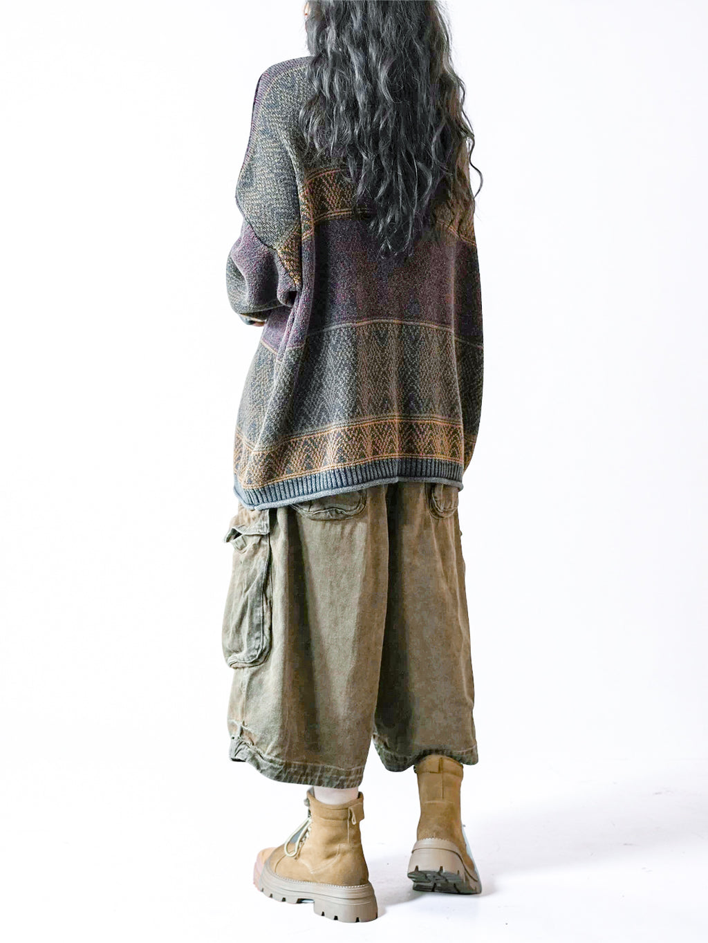 Vintage-Inspired Oversized Jacquard Sweater – Teal Geometric Knit Pullover
