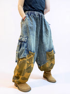 Vintage Washed Denim & Camo Patchwork Set | Utility Vest & Balloon Harem Pants
