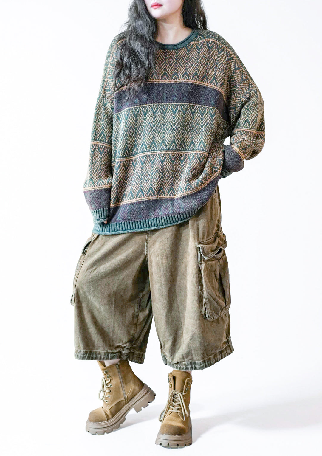 Vintage-Inspired Oversized Jacquard Sweater – Teal Geometric Knit Pullover