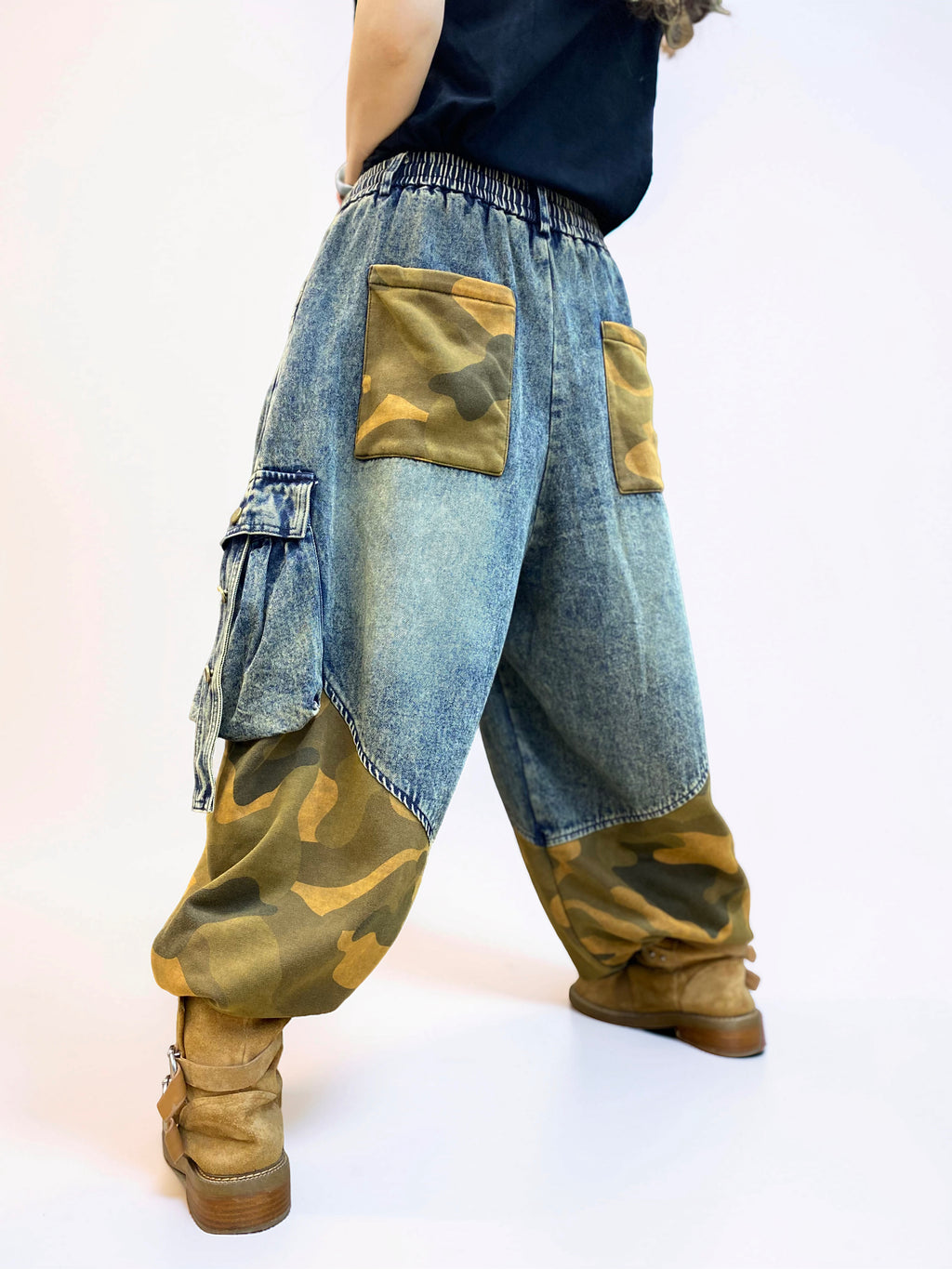 Vintage Washed Denim & Camo Patchwork Set | Utility Vest & Balloon Harem Pants