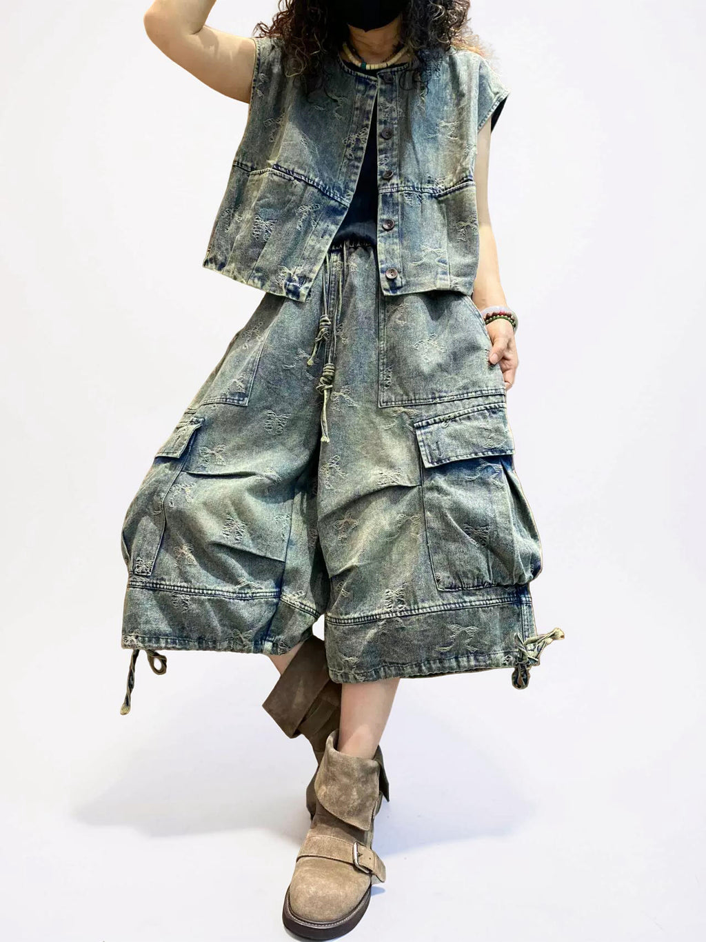 Vintage Washed Denim Vest & Balloon Cargo Pants Set | Japanese Mori Utility Outfit | Boho Oversized Denim