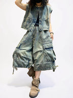 Vintage Washed Denim Vest & Balloon Cargo Pants Set