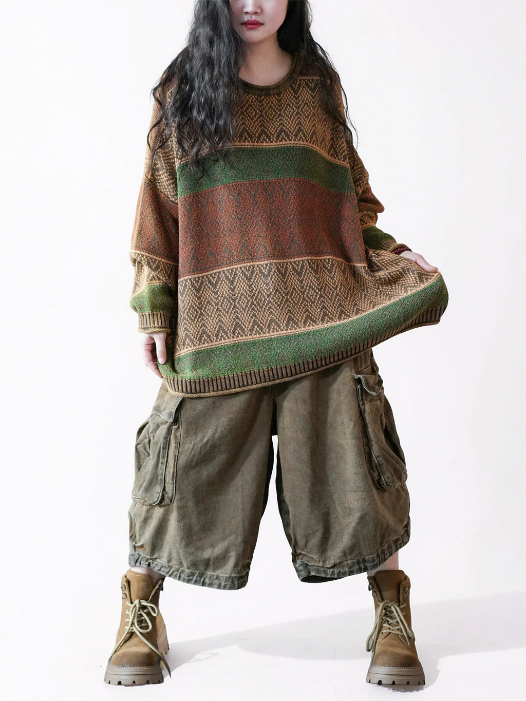 Vintage-Inspired Oversized Jacquard Sweater – Teal Geometric Knit Pullover