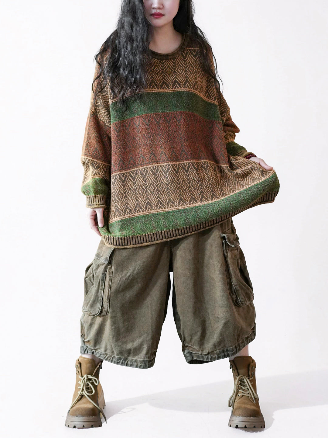 Vintage-Inspired Oversized Jacquard Sweater – Teal Geometric Knit Pullover