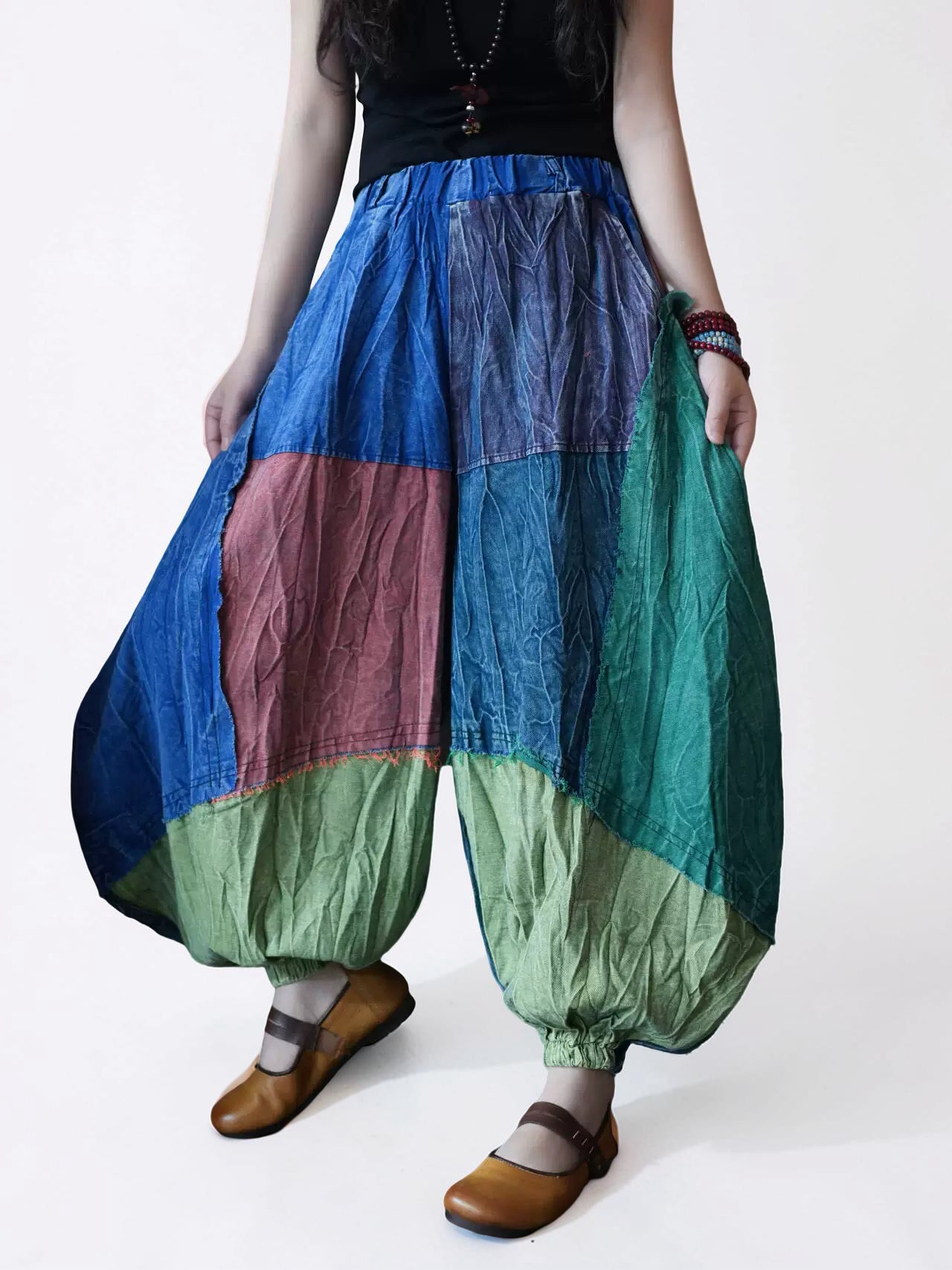 Vintage Wash Patchwork Balloon Pants – Color Block Oversized Harem Pants