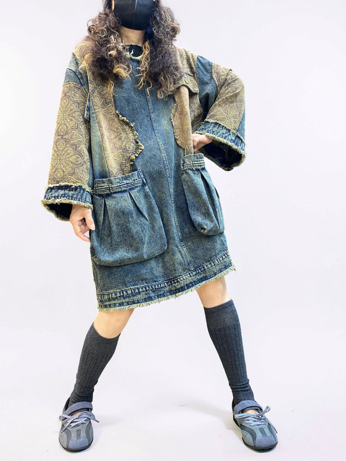 Vintage Washed Patchwork Denim Dress – Oversized Boho Tunic with Pockets