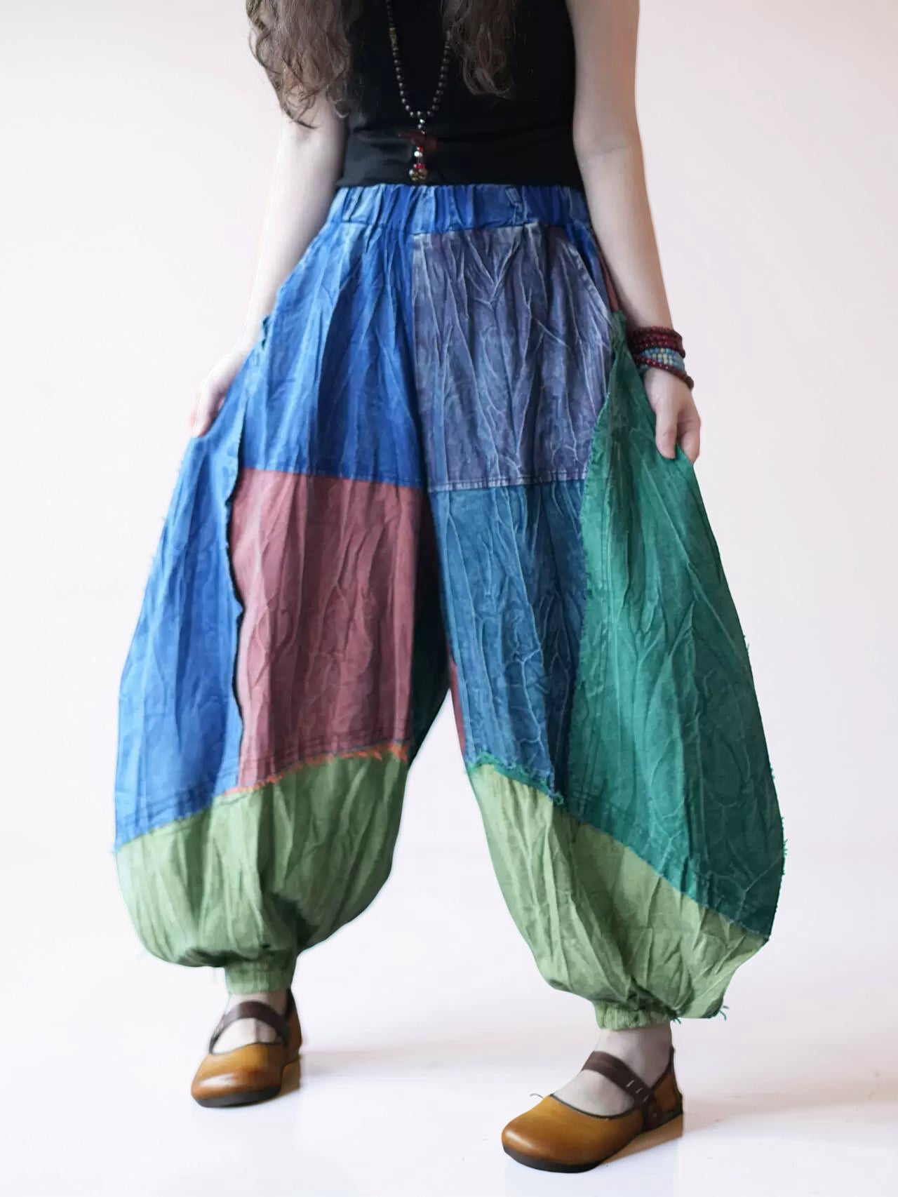 Vintage Wash Patchwork Balloon Pants – Color Block Oversized Harem Pants