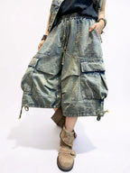 Vintage Washed Denim Vest & Balloon Cargo Pants Set