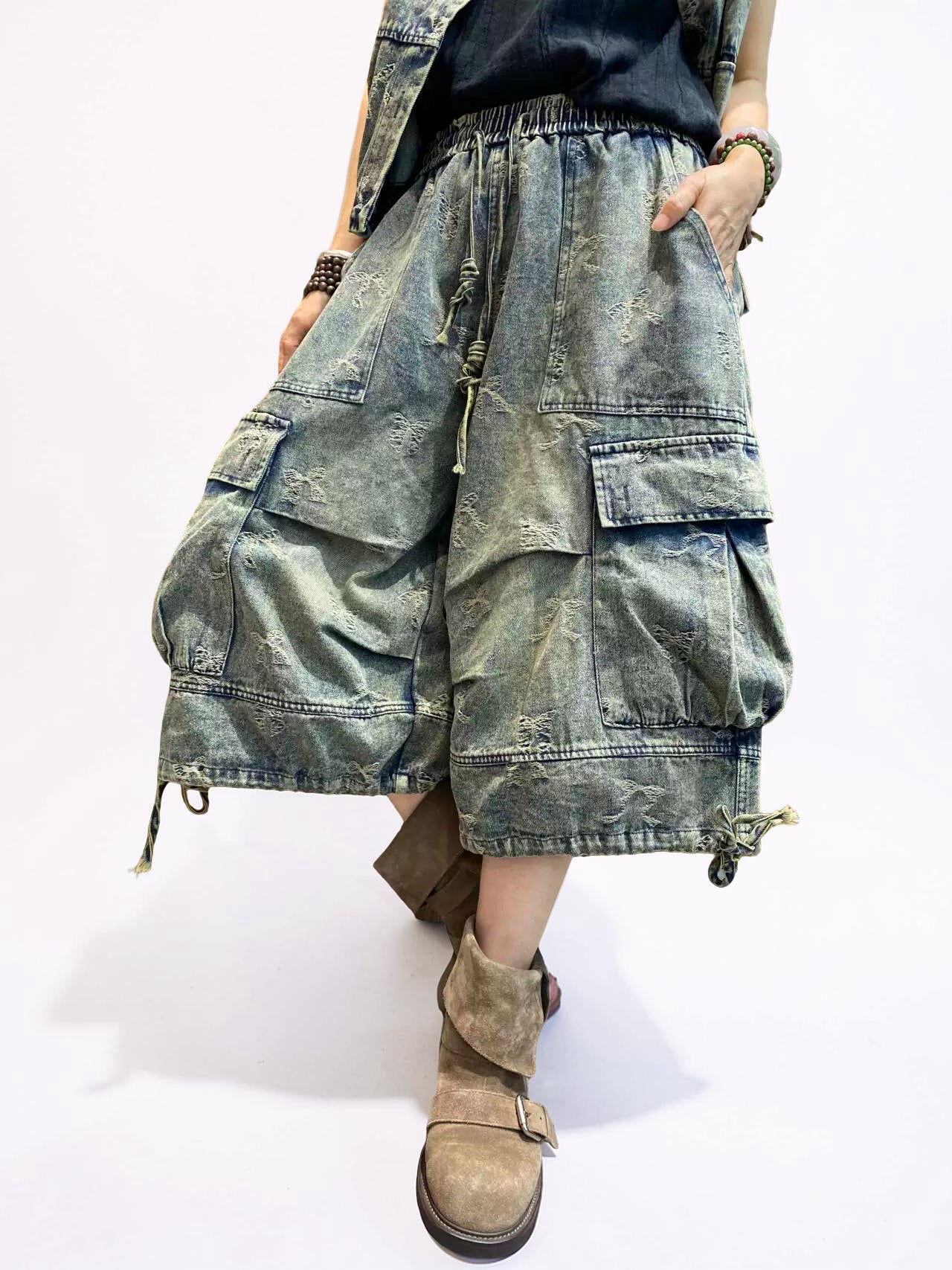 Vintage Washed Denim Vest & Balloon Cargo Pants Set | Japanese Mori Utility Outfit | Boho Oversized Denim