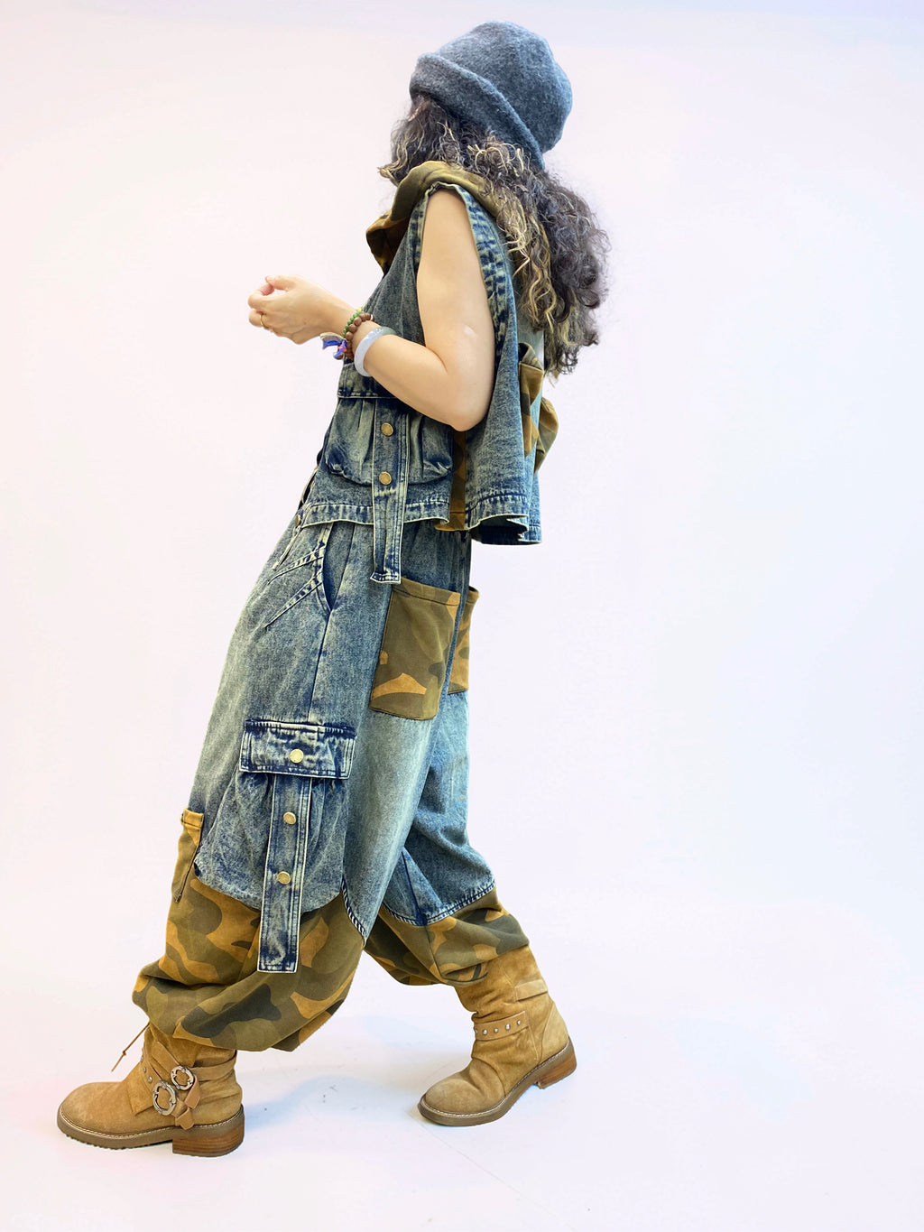 Vintage Washed Denim & Camo Patchwork Set | Utility Vest & Balloon Harem Pants