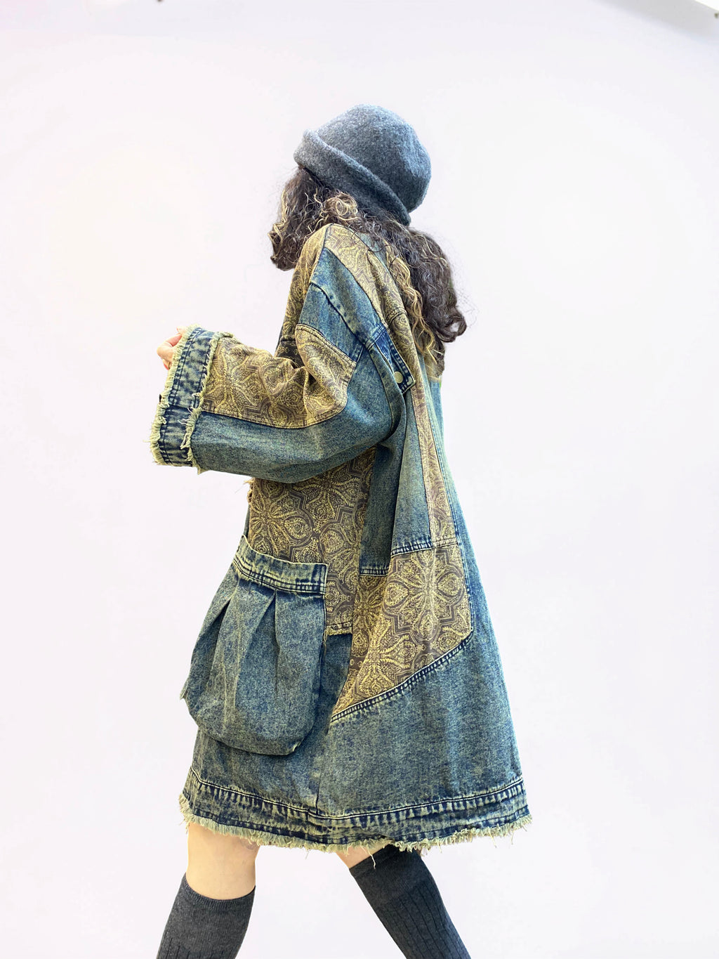 Vintage Washed Patchwork Denim Dress – Oversized Boho Tunic with Pockets