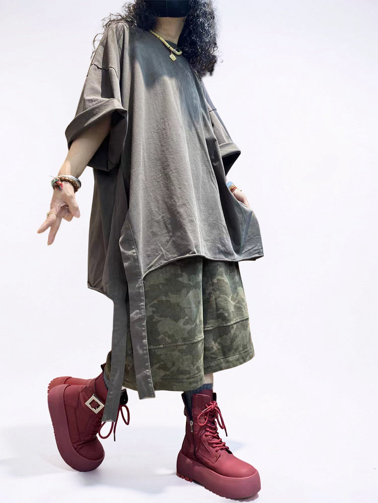 Washed Brown Asymmetrical Oversized Longline Tee