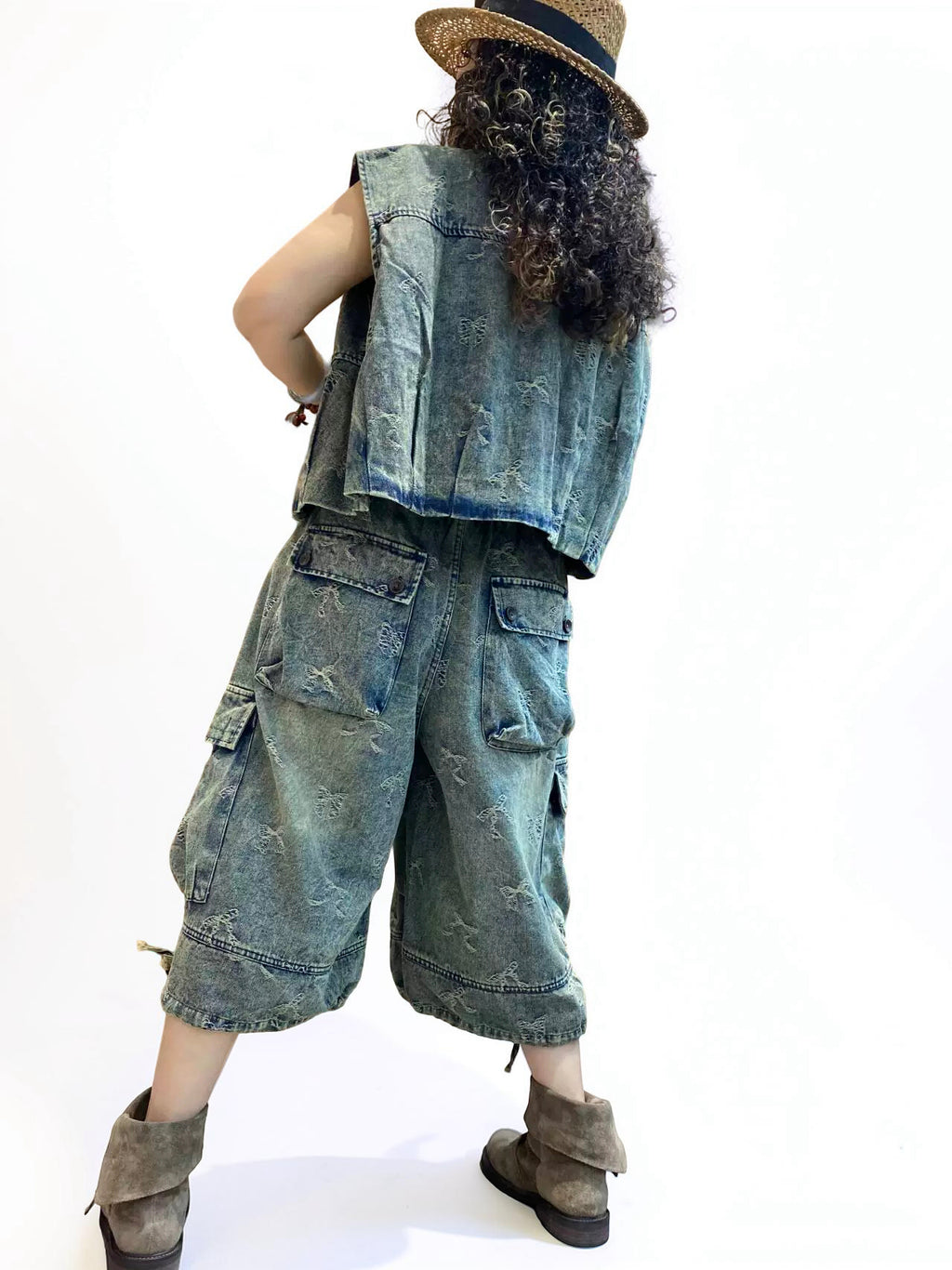 Vintage Washed Denim Vest & Balloon Cargo Pants Set | Japanese Mori Utility Outfit | Boho Oversized Denim