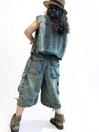 Vintage Washed Denim Vest & Balloon Cargo Pants Set