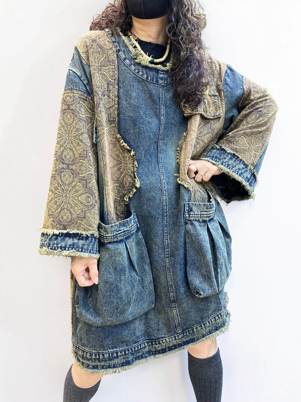 Vintage Washed Patchwork Denim Dress – Oversized Boho Tunic with Pockets