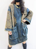 Vintage Washed Patchwork Denim Dress – Oversized Boho Tunic with Pockets