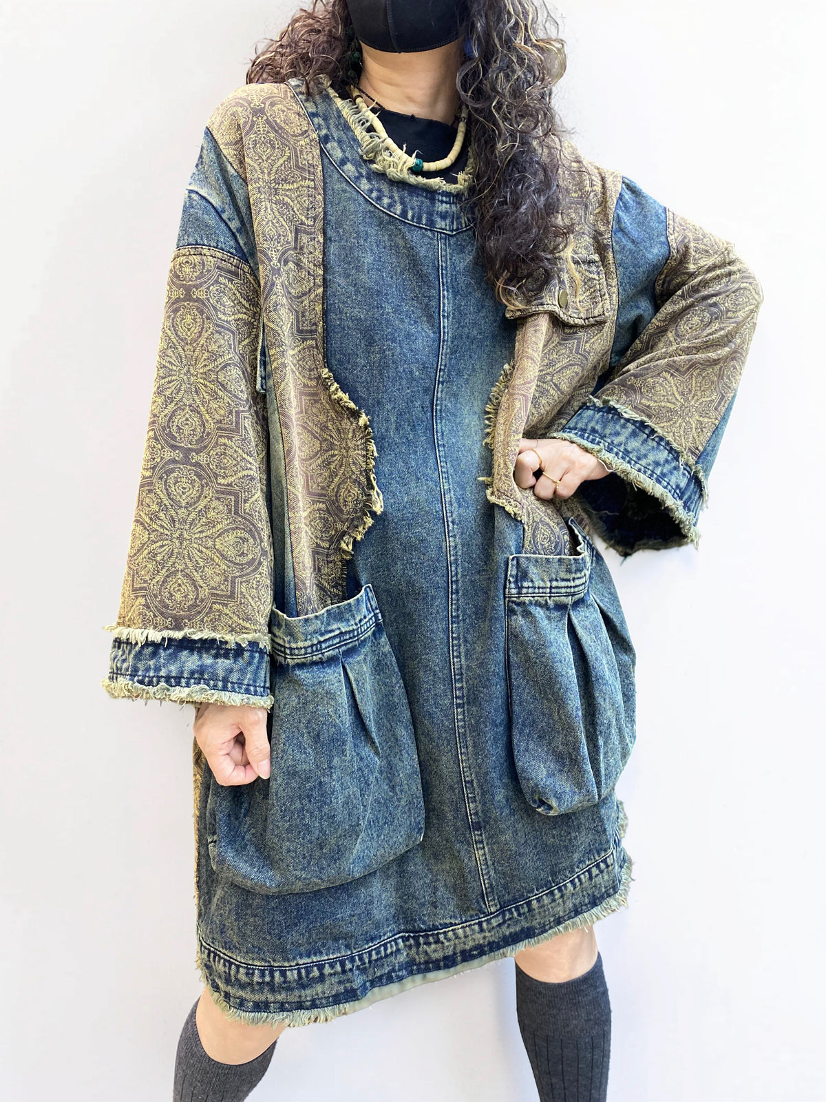 Vintage Washed Patchwork Denim Dress – Oversized Boho Tunic with Pockets