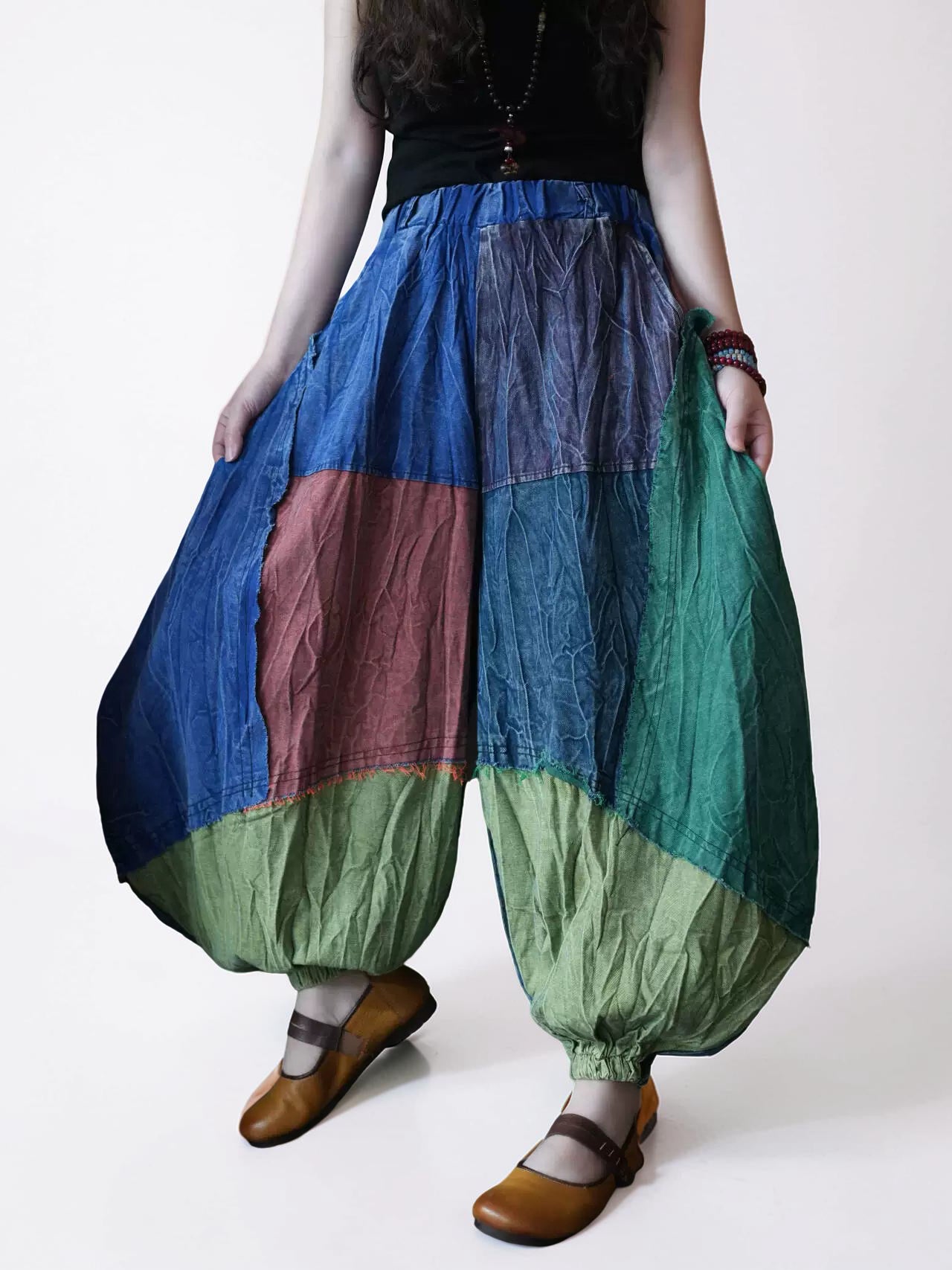 Vintage Wash Patchwork Balloon Pants – Color Block Oversized Harem Pants
