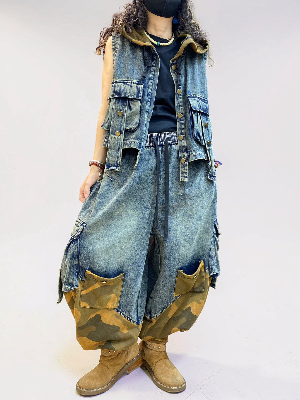 Vintage Washed Denim & Camo Patchwork Set | Utility Vest & Balloon Harem Pants