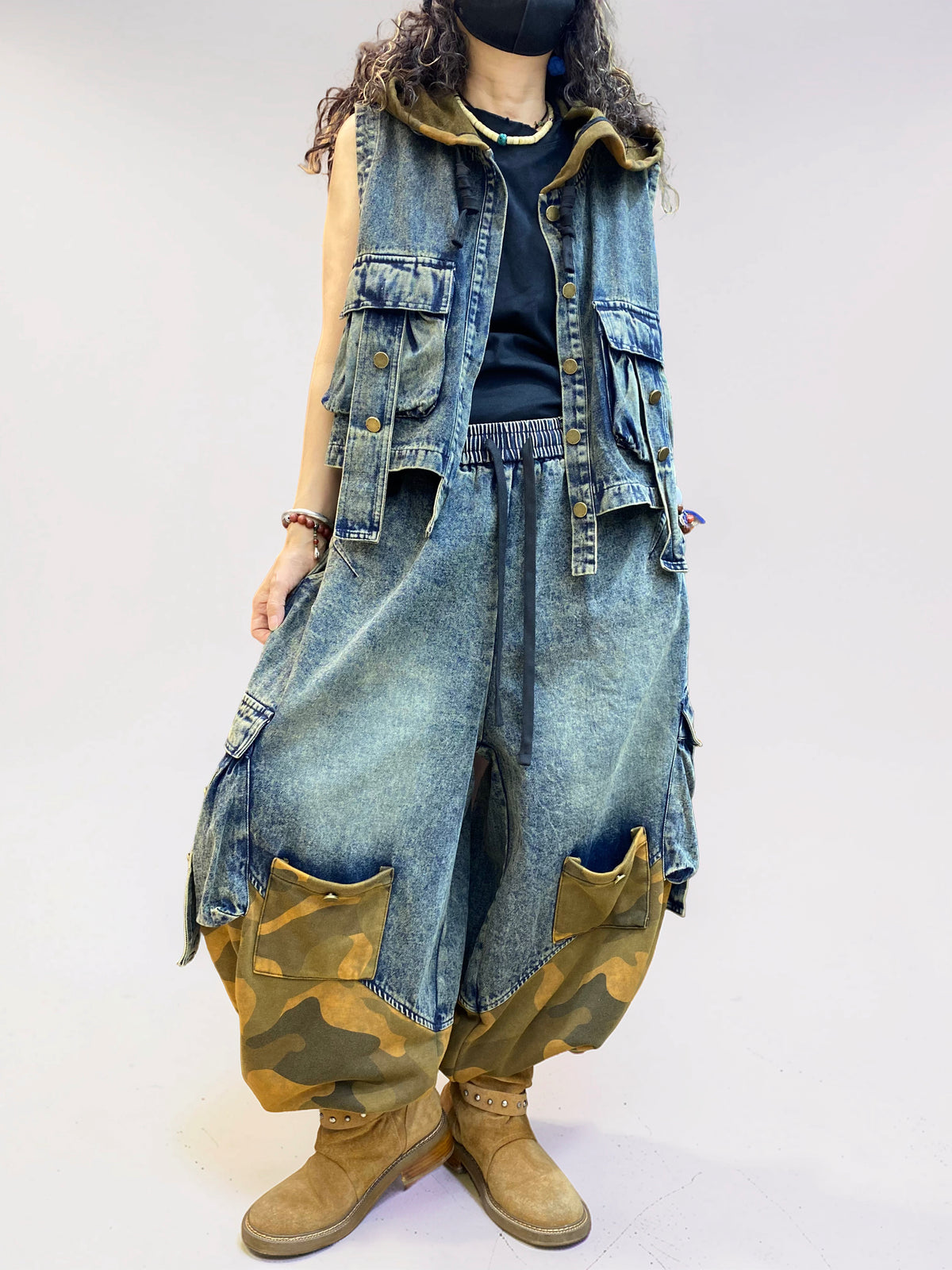 Vintage Washed Denim & Camo Patchwork Set | Utility Vest & Balloon Harem Pants