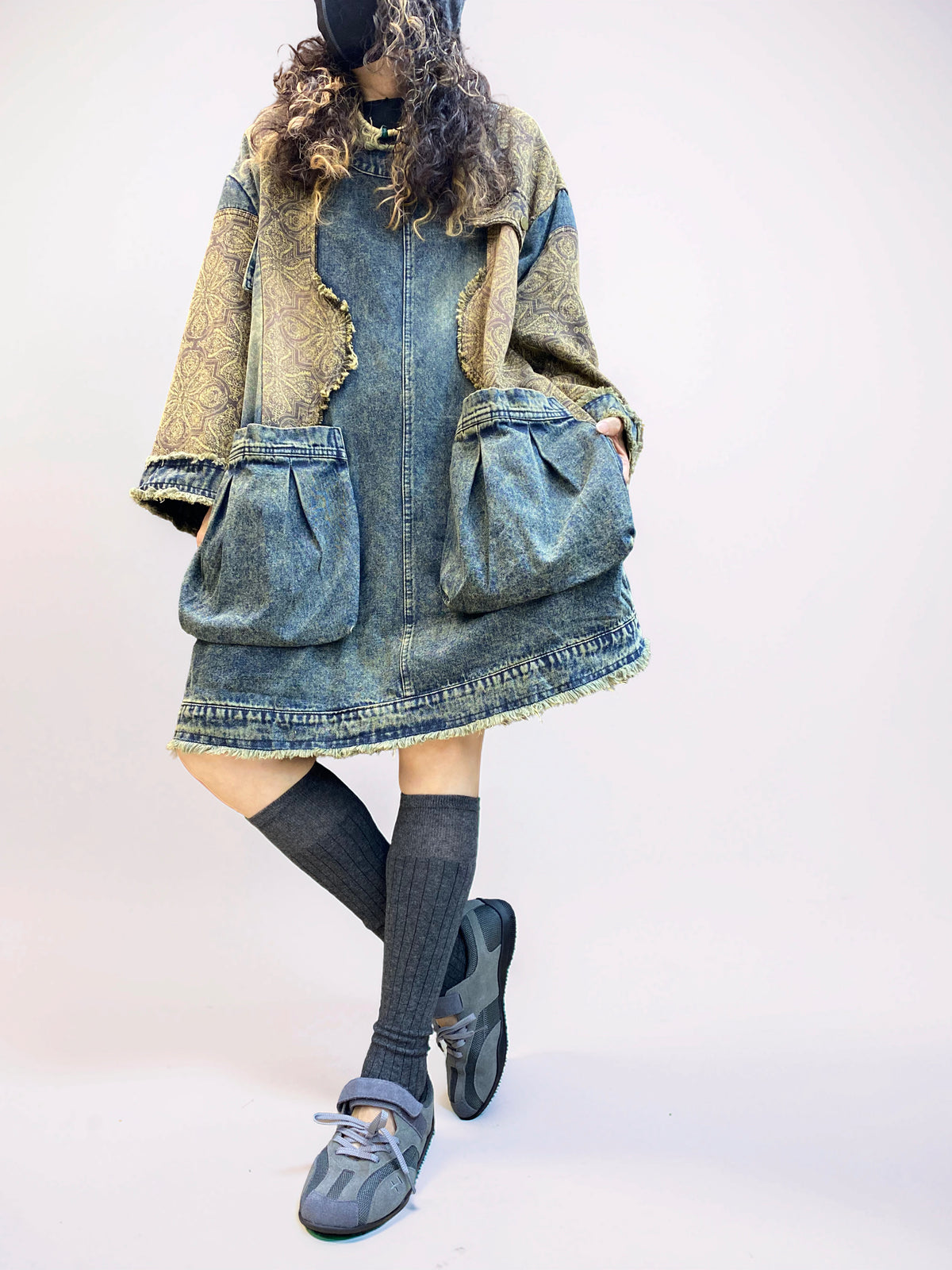 Vintage Washed Patchwork Denim Dress – Oversized Boho Tunic with Pockets