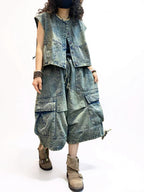 Vintage Washed Denim Vest & Balloon Cargo Pants Set
