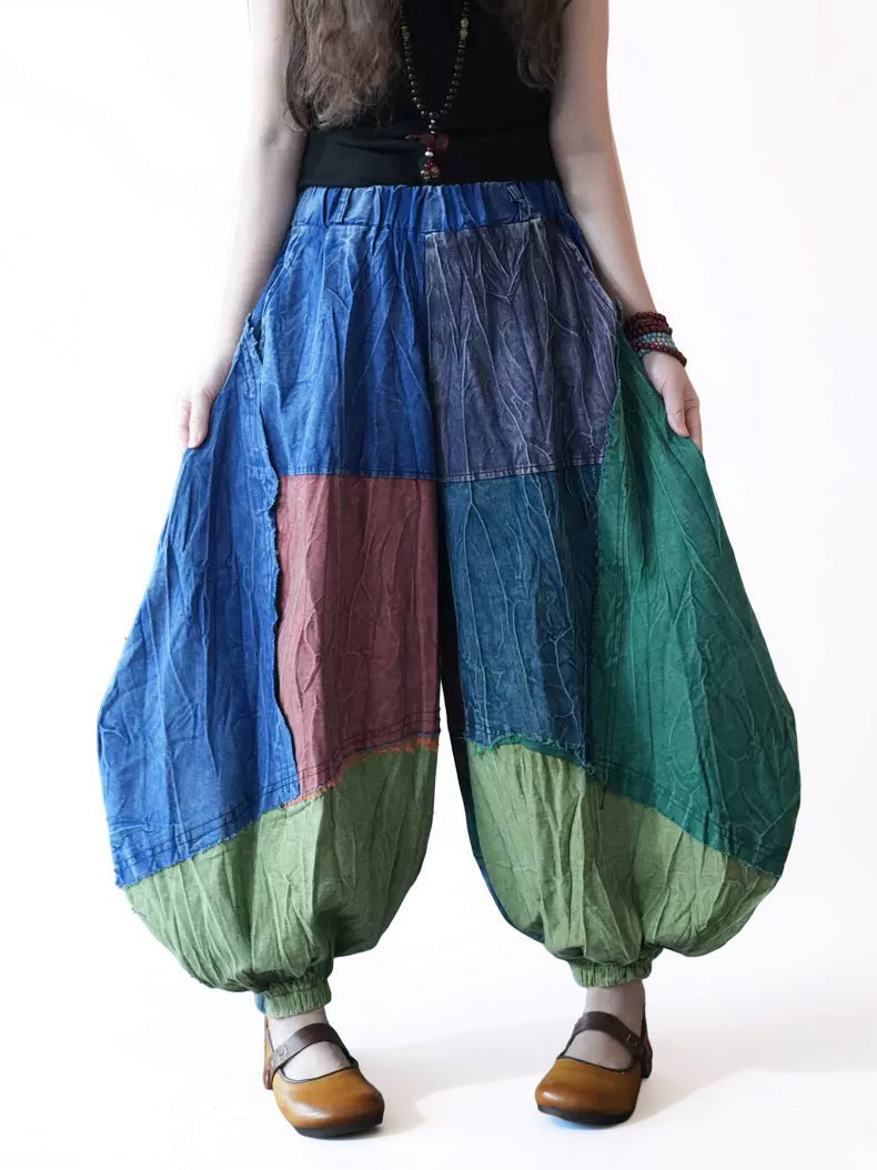 Vintage Wash Patchwork Balloon Pants – Color Block Oversized Harem Pants