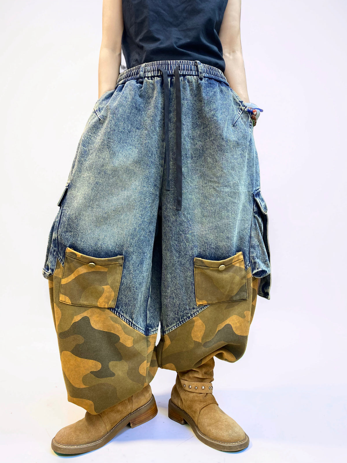 Vintage Washed Denim & Camo Patchwork Set | Utility Vest & Balloon Harem Pants