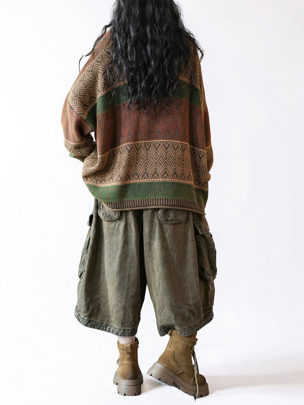 Vintage-Inspired Oversized Jacquard Sweater – Teal Geometric Knit Pullover