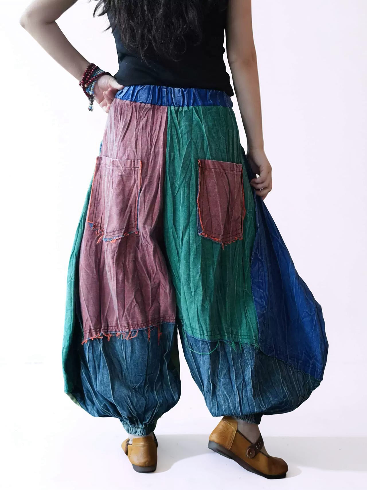 Vintage Wash Patchwork Balloon Pants – Color Block Oversized Harem Pants