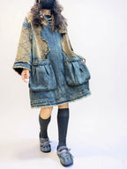 Vintage Washed Patchwork Denim Dress – Oversized Boho Tunic with Pockets