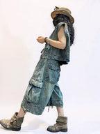 Vintage Washed Denim Vest & Balloon Cargo Pants Set