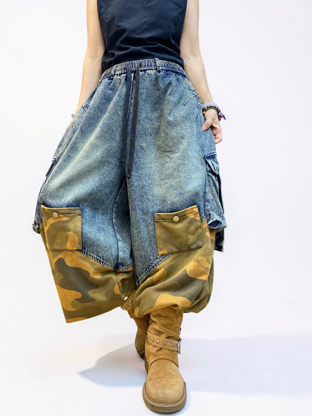 Vintage Washed Denim & Camo Patchwork Set | Utility Vest & Balloon Harem Pants