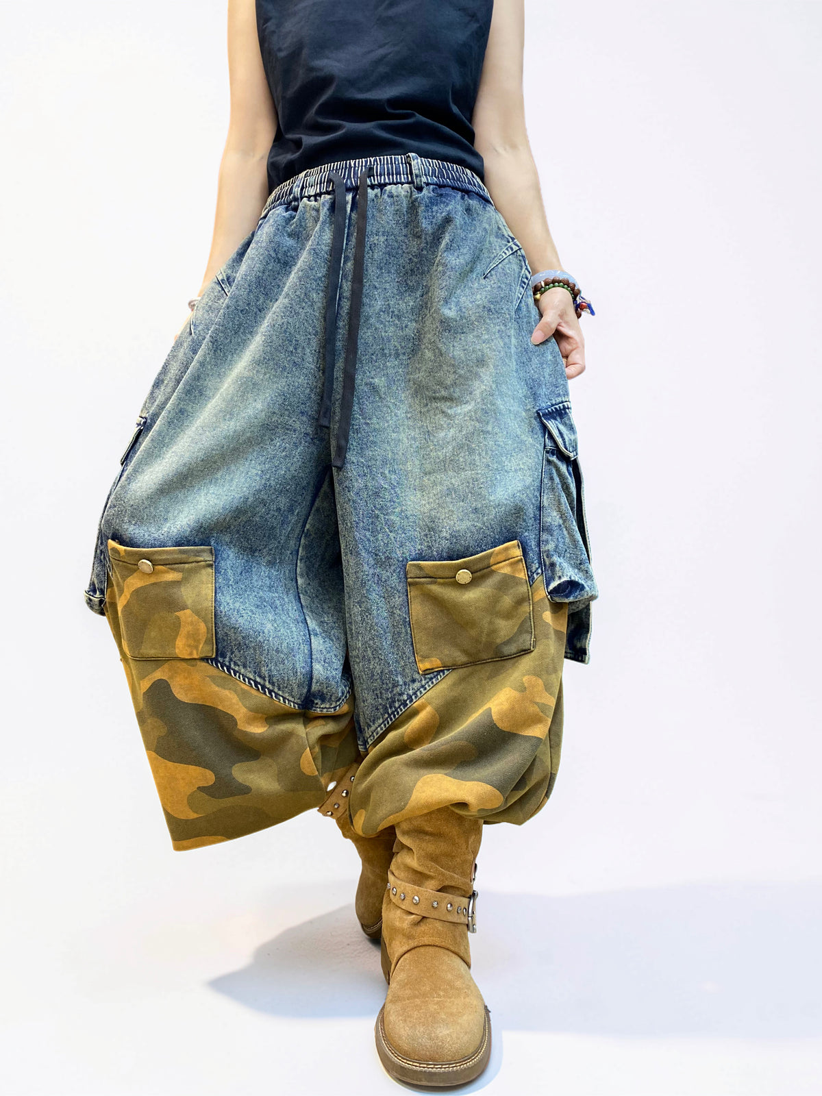 Vintage Washed Denim & Camo Patchwork Set | Utility Vest & Balloon Harem Pants