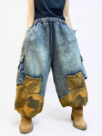 Vintage Washed Denim & Camo Patchwork Set | Utility Vest & Balloon Harem Pants