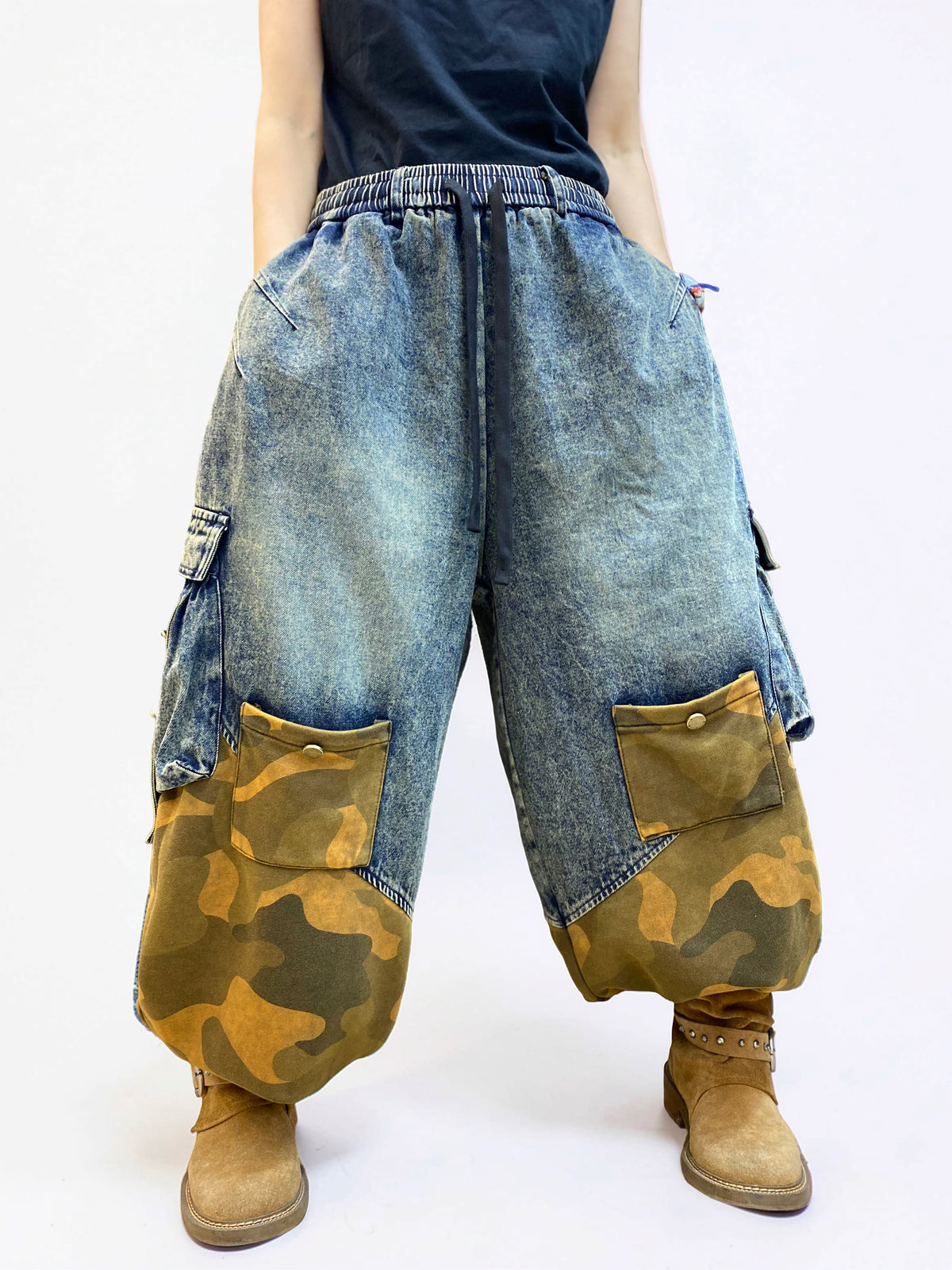 Vintage Washed Denim & Camo Patchwork Set | Utility Vest & Balloon Harem Pants