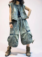 Vintage Washed Denim Vest & Balloon Cargo Pants Set