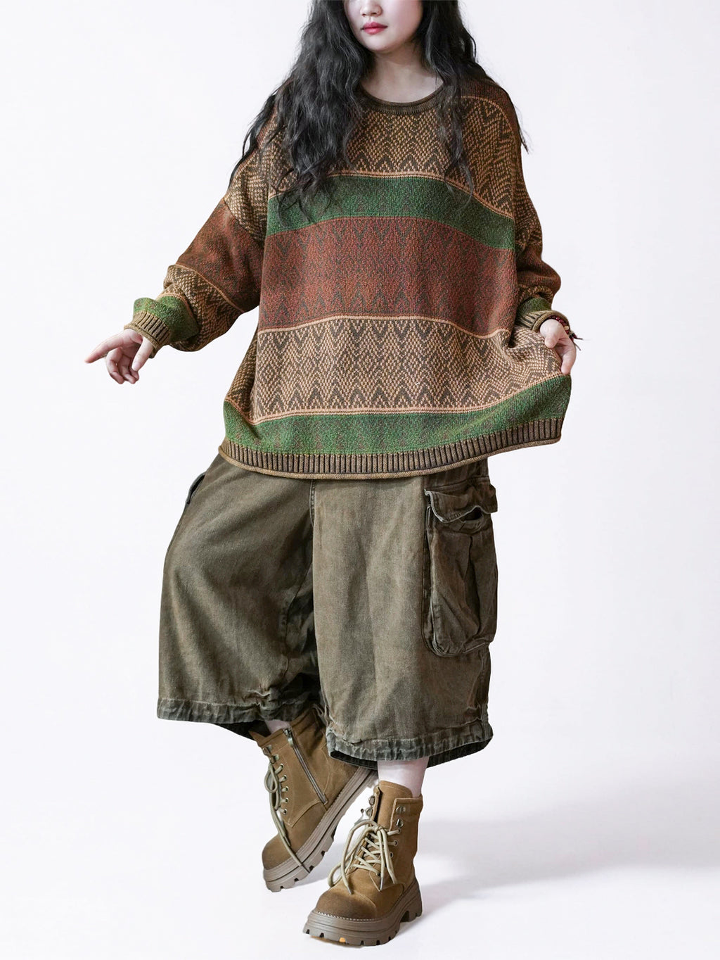 Vintage-Inspired Oversized Jacquard Sweater – Teal Geometric Knit Pullover