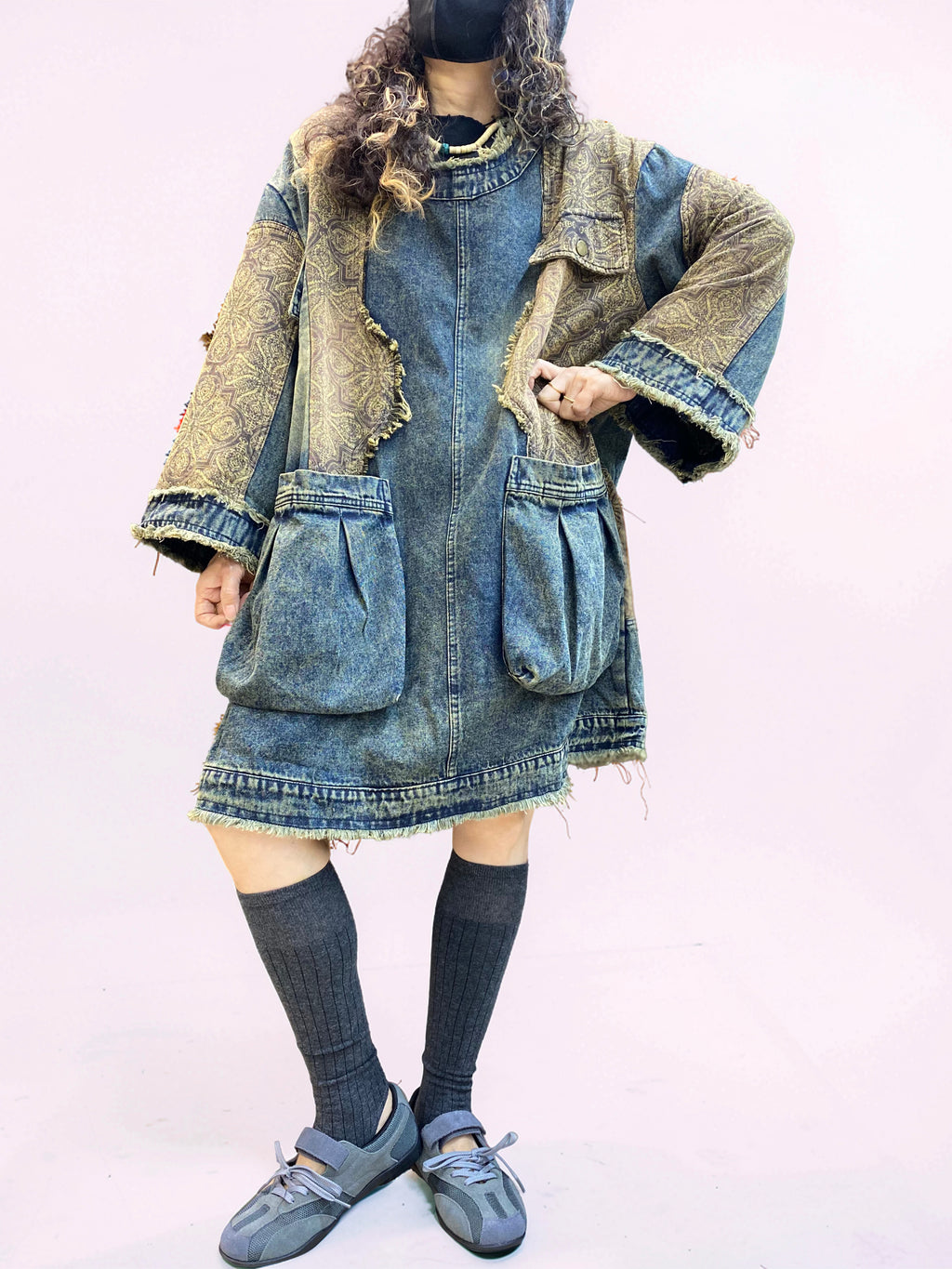 Vintage Washed Patchwork Denim Dress – Oversized Boho Tunic with Pockets