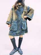 Vintage Washed Patchwork Denim Dress – Oversized Boho Tunic with Pockets