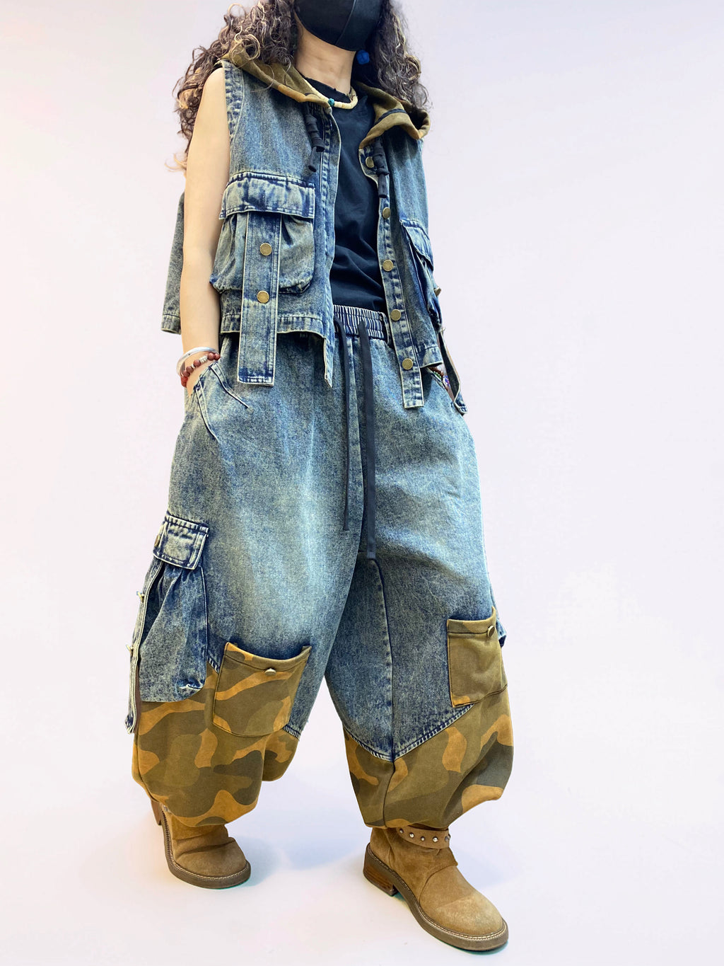 Vintage Washed Denim & Camo Patchwork Set | Utility Vest & Balloon Harem Pants
