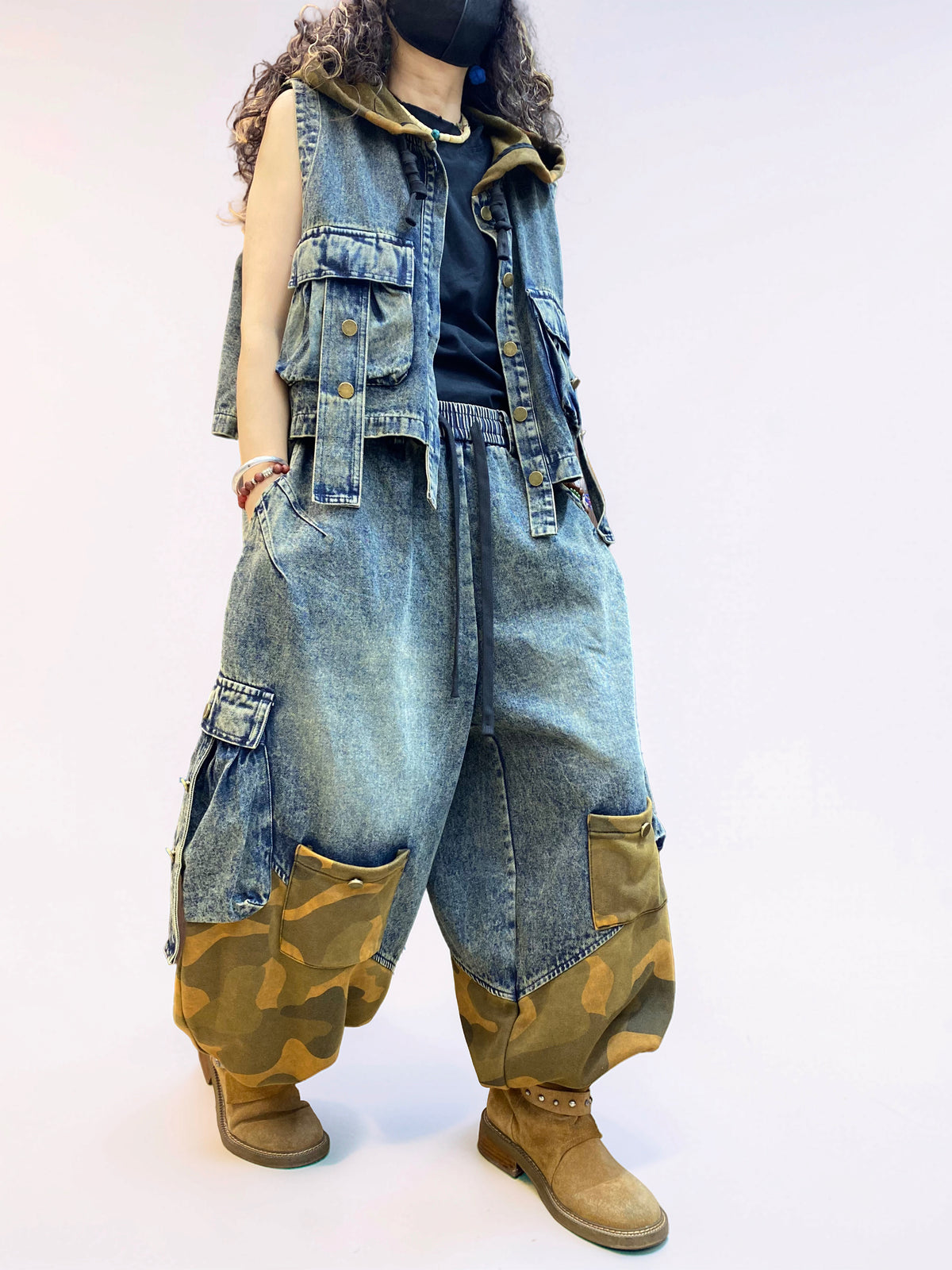 Vintage Washed Denim & Camo Patchwork Set | Utility Vest & Balloon Harem Pants