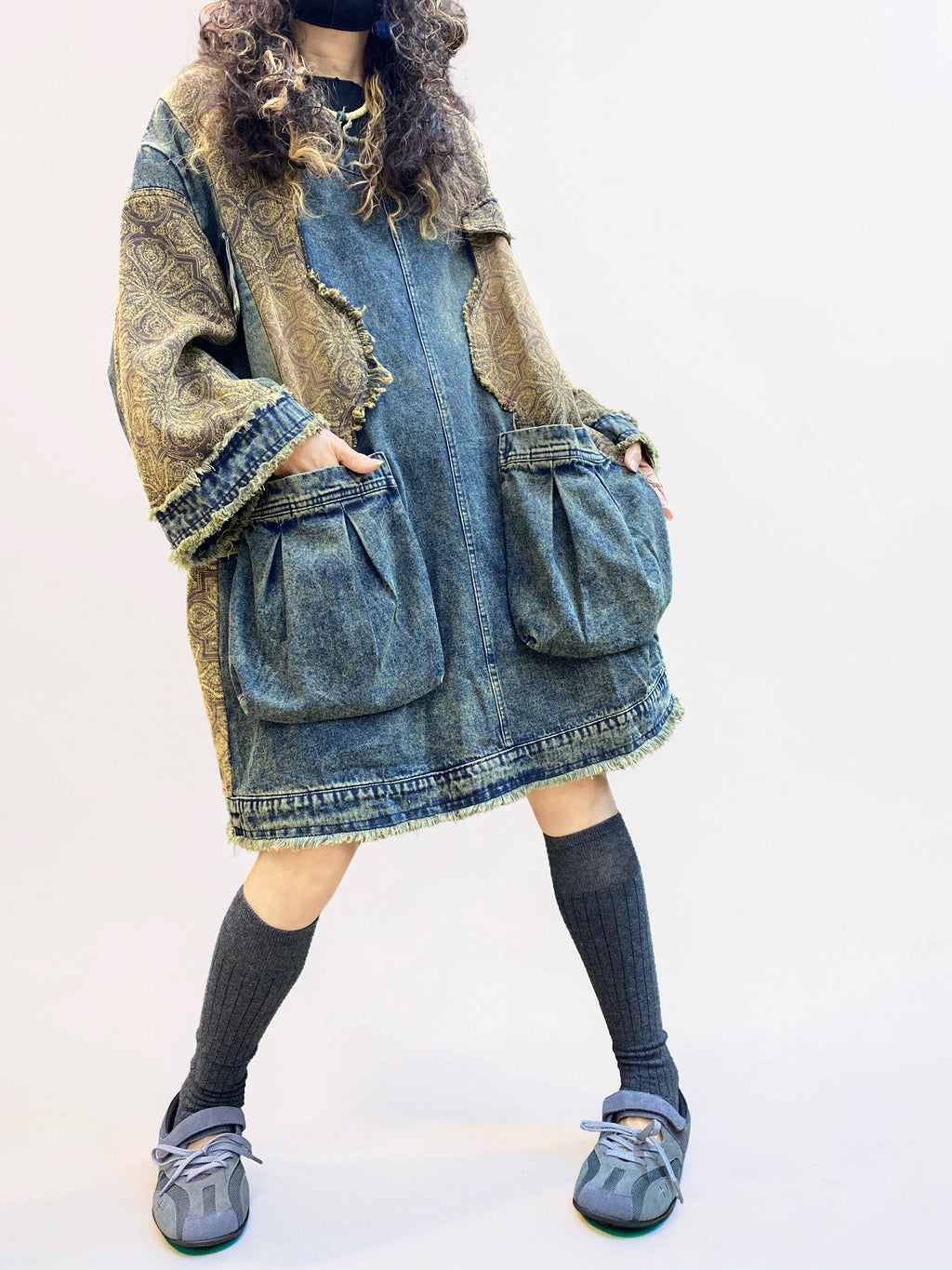 Vintage Washed Patchwork Denim Dress – Oversized Boho Tunic with Pockets