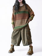 Vintage-Inspired Oversized Jacquard Sweater – Teal Geometric Knit Pullover