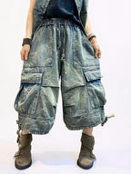 Vintage Washed Denim Vest & Balloon Cargo Pants Set