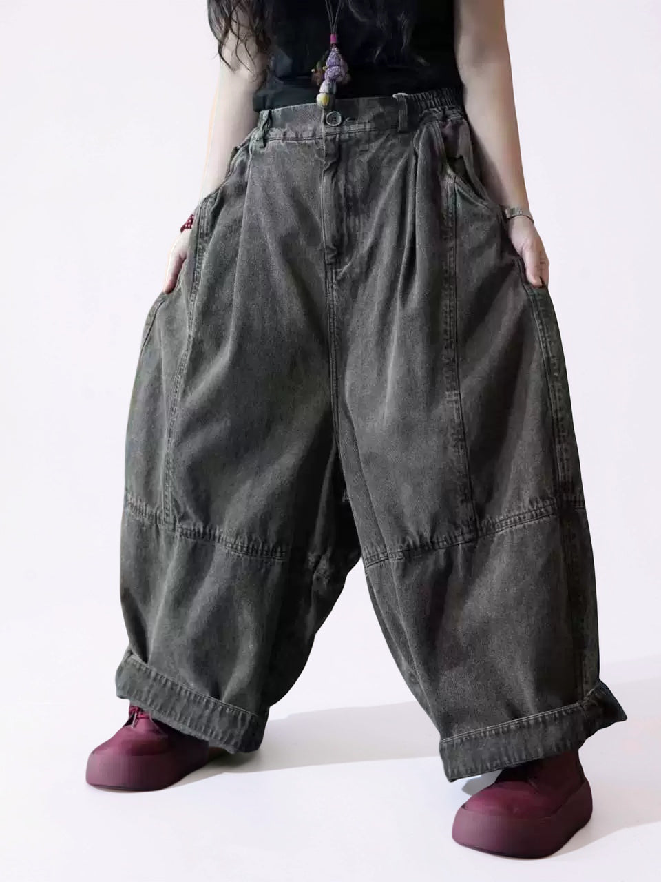 Vintage Washed Denim Balloon Pants – Oversized Wide Leg Harem Trousers