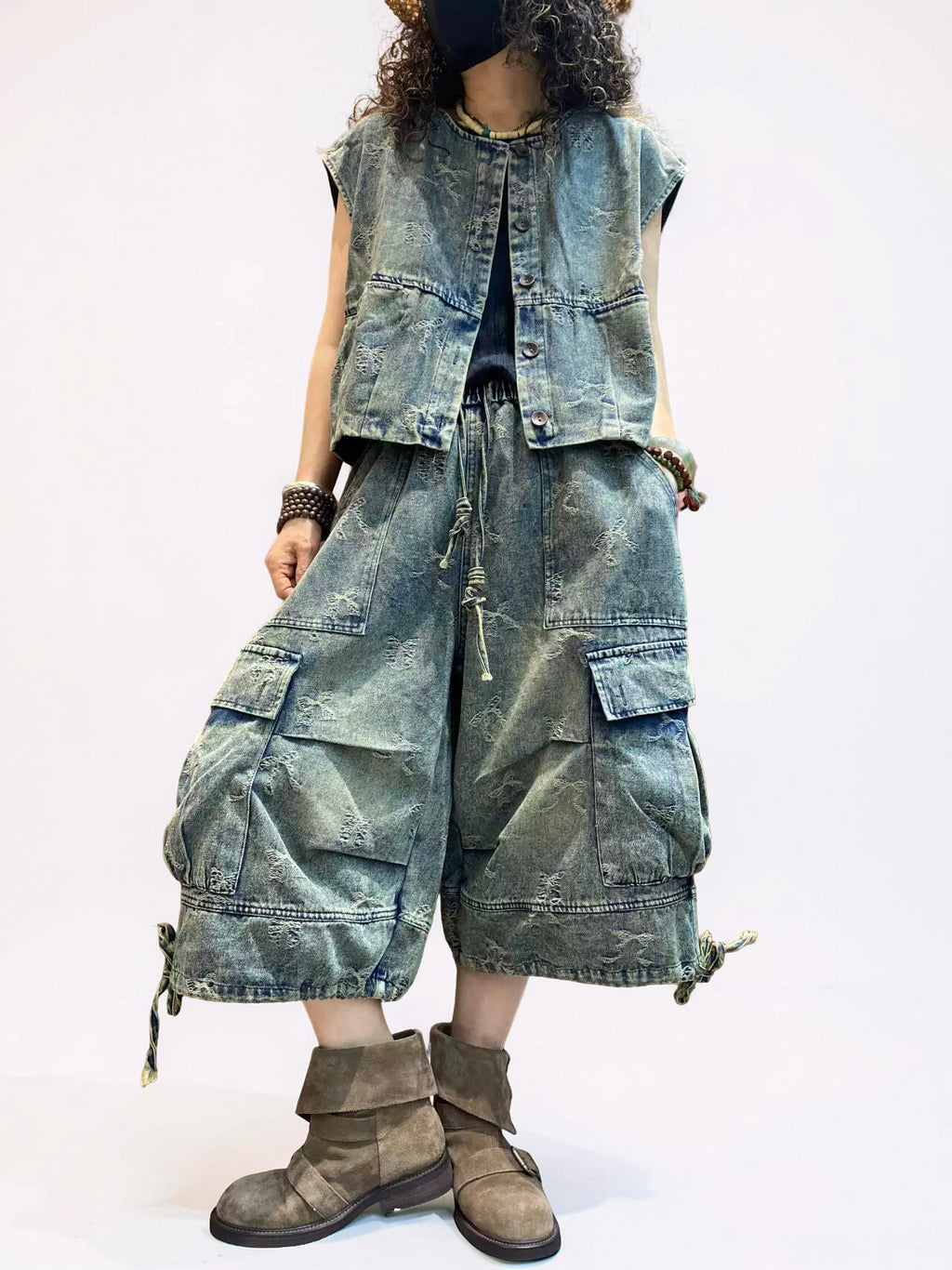 Vintage Washed Denim Vest & Balloon Cargo Pants Set | Japanese Mori Utility Outfit | Boho Oversized Denim