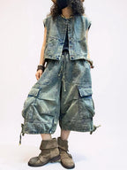 Vintage Washed Denim Vest & Balloon Cargo Pants Set