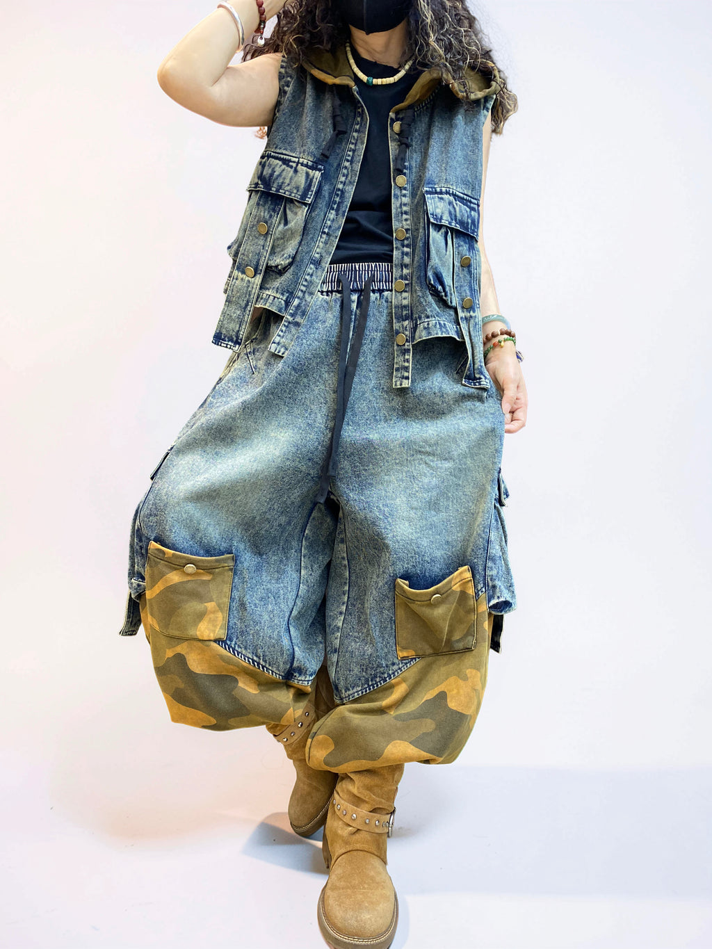 Vintage Washed Denim & Camo Patchwork Set | Utility Vest & Balloon Harem Pants